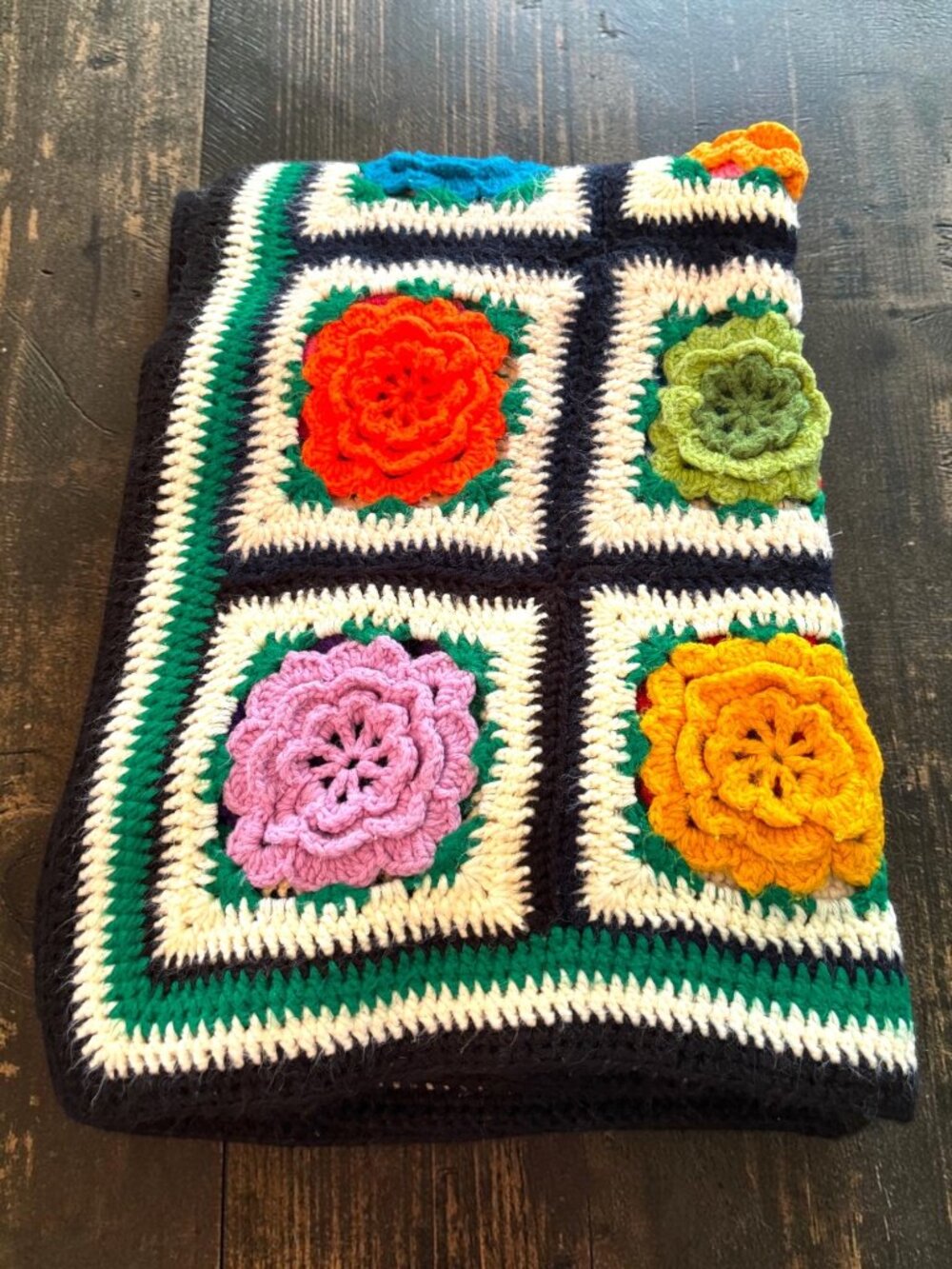 Handmade Crochet Afghan Blanket With 3D Floral Squares Multicolor Design Large T